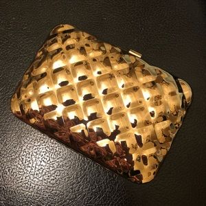 MMS Gold Hard Case Shell Clutch NWT
